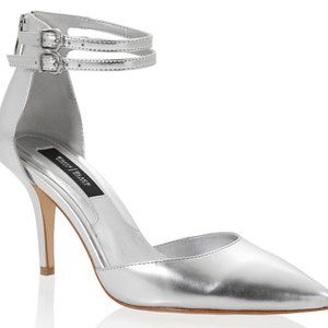 WHBM Silver Metallic Pointed Toe Heels with Ankle Straps